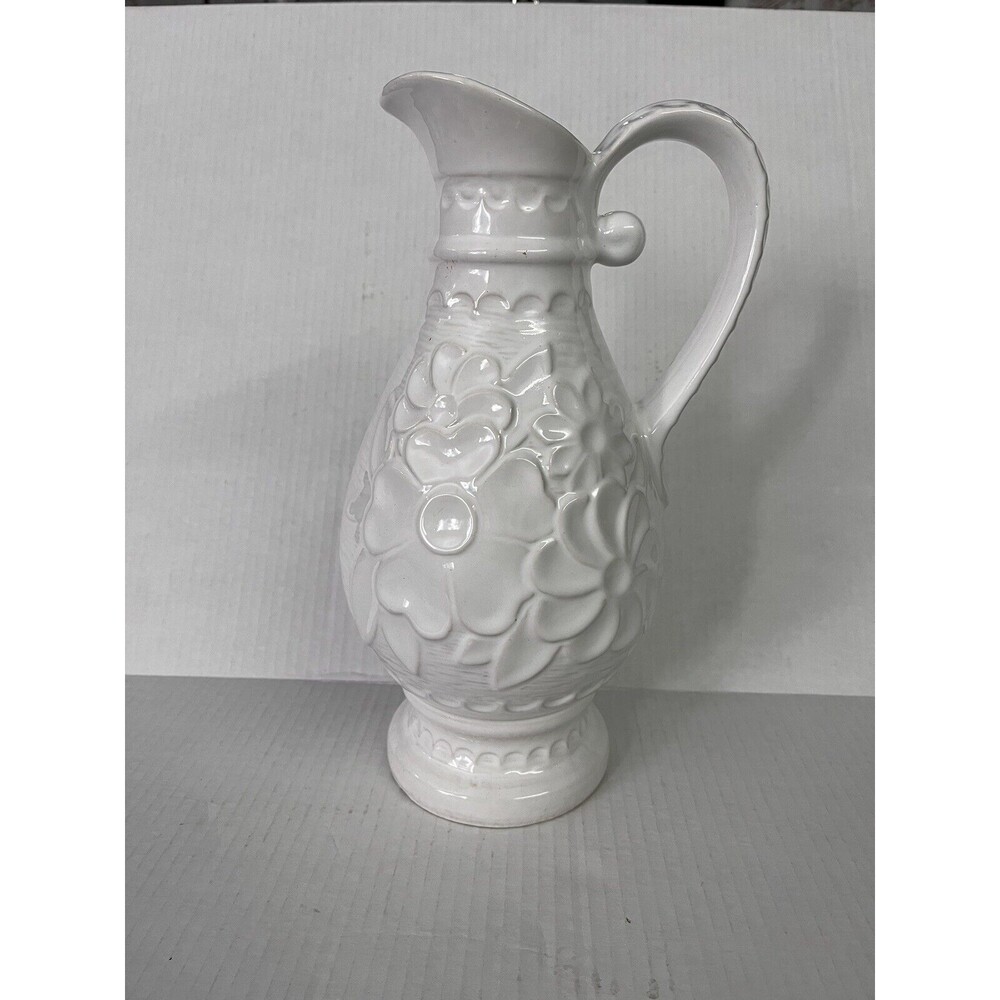 Bay W. Germany Vintage White Floral Ceramic Pitcher 12"
